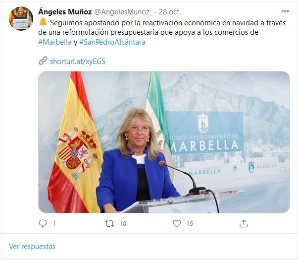 Marbella empleará el dinero de las luces navideñas en ayudas a los comercios locales - twitt Angeles Munoz La alcaldesa, Ángeles Muñoz, confirmó la medida a través de las redes sociales.