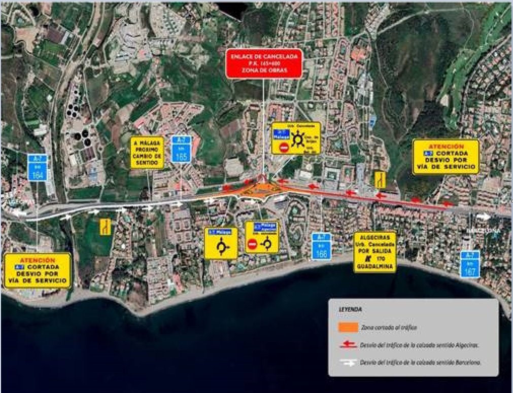Corte de la autovía A-7 durante las noches del sábado y el lunes, por la colocación del puente de Cancelada - croquis Corte de la autovía A-7 durante las noches del sábado y el lunes, por la colocación del puente de Cancelada - croquis