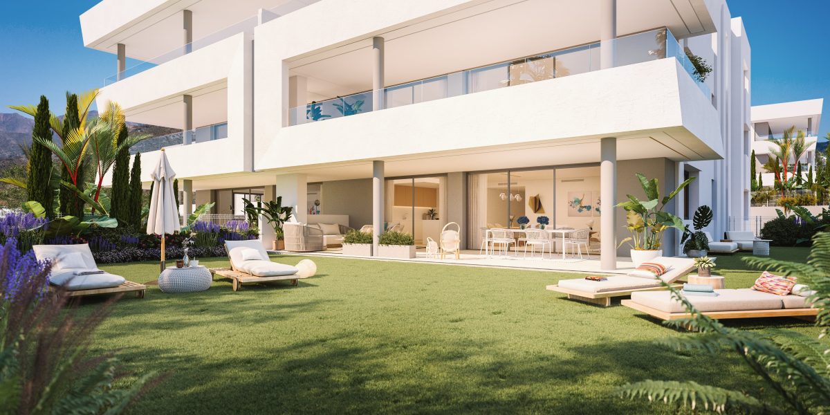 El precio de la vivienda de obra nueva se dispara en Estepona y supera los 3.000 euros el metro cuadrado - Jardin de las futuras viviendas de Sunshine de AEDAS Homes en Soul Marbella. El precio de la vivienda de obra nueva se dispara en Estepona y supera los 3.000 euros el metro cuadrado - Jardin de las futuras viviendas de Sunshine de AEDAS Homes en Soul Marbella.