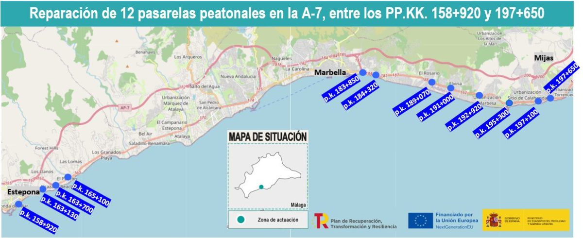 Se reparan 12 pasarelas peatonales en la A-7 en Estepona, Marbella y Mijas - image001 Mapa de las pasarelas a arreglar en la A-7.
