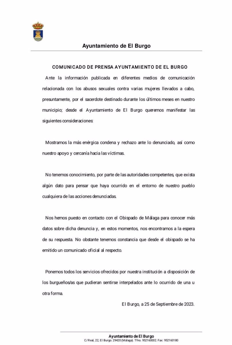 El municipio El Burgo condena los presuntos abusos sexuales a las cinco mujeres por parte del sacerdote - fotonoticia 20230925211521 1920 El municipio El Burgo condena los presuntos abusos sexuales a las cinco mujeres por parte del sacerdote - fotonoticia 20230925211521 1920