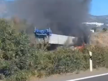 Sale ardiendo el remolque de un camión en plena AP-7 - Captura Incendio en el remolque de un camiónen la AP-7.