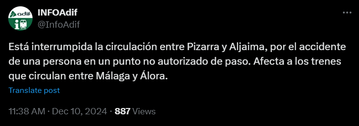 Nuevo atropello mortal en la línea C-2 de Cercanías Málaga a su paso por Cártama - image 4 Nuevo atropello mortal en la línea C-2 de Cercanías Málaga a su paso por Cártama - image 4