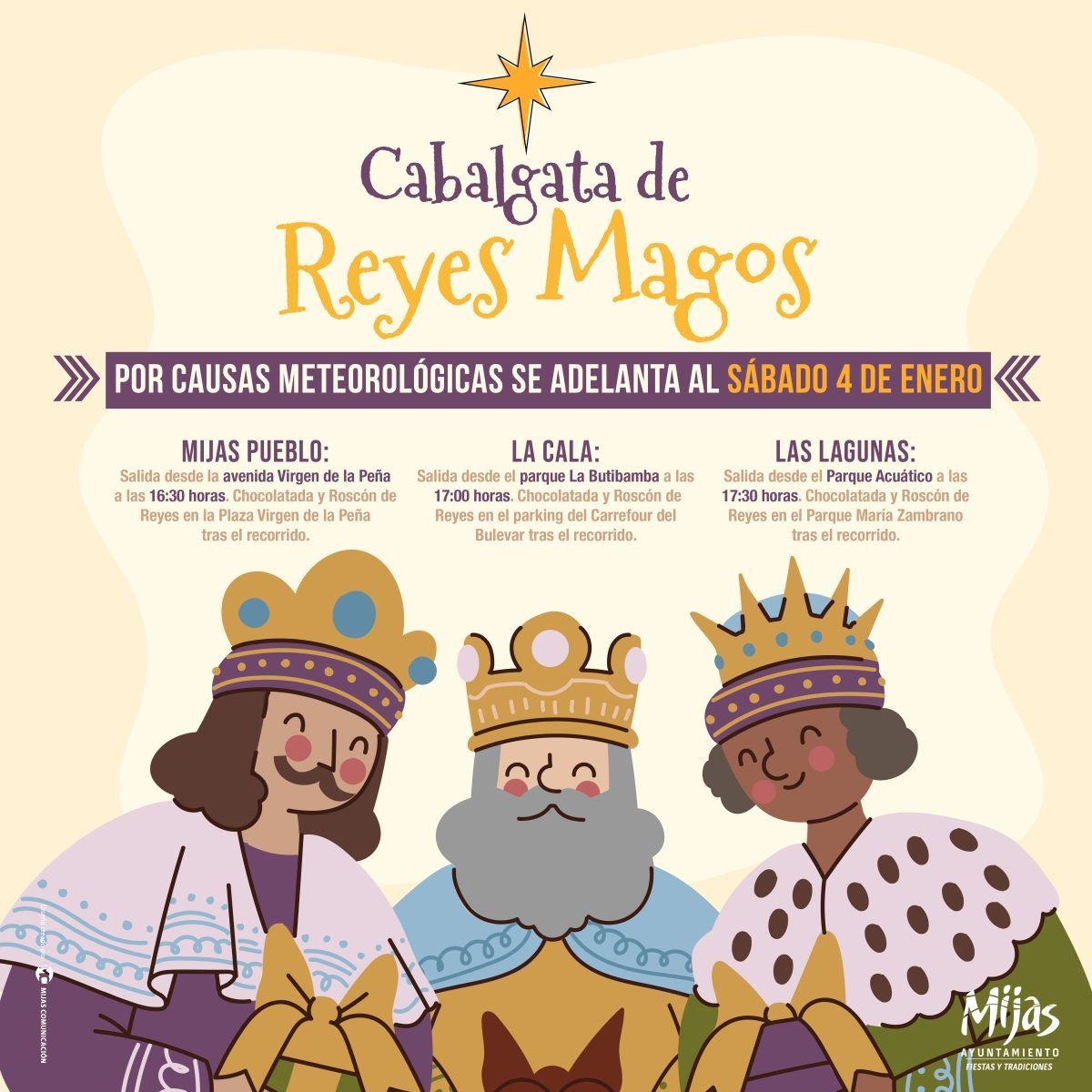 Mijas adelanta la Cabalgata de Reyes Magos al sábado 4 de enero por previsión de lluvia - CABALGATA REYES CARTEL adelantado redes Mijas adelanta la Cabalgata de Reyes Magos al sábado 4 de enero por previsión de lluvia - CABALGATA REYES CARTEL adelantado redes