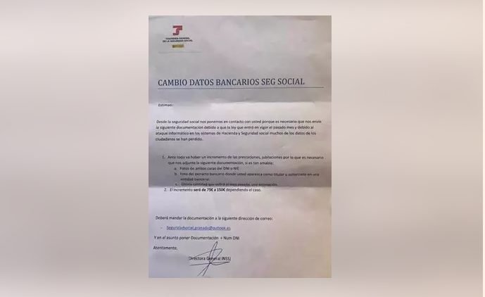 La Seguridad Social alerta sobre un nuevo intento de estafa por carta./TGSS