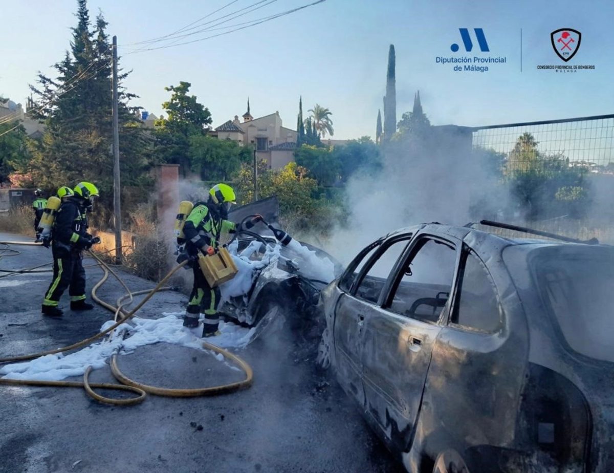 Tres heridos y dos vehículos calcinados tras una colisión frontal en Estepona - Estepona vehiculos Efectivos del Consorcio Provincial de Bomberos (CPB) de la Diputación intervienen tras un accidente frontal entre dos vehículos en Estepona en el que tres personas han resultado heridas