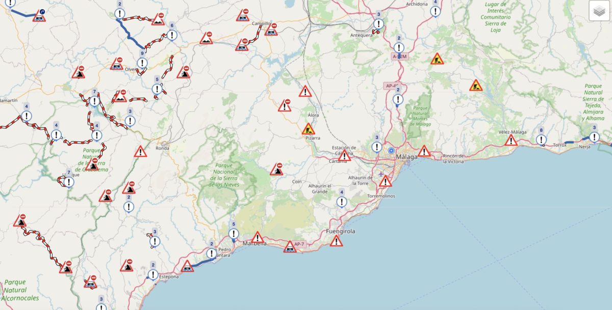 Listado actualizado de carreteras cortadas en Málaga a causa del temporal - Captura de pantalla 2026 02 05 a las 12.45.19 carreteras cortadas